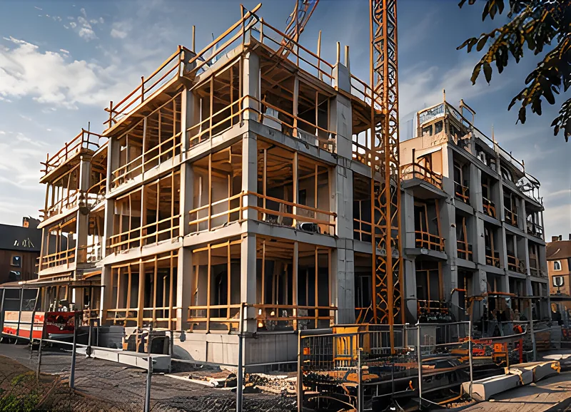 A residential block under construction, with scaffolding and a tower crane